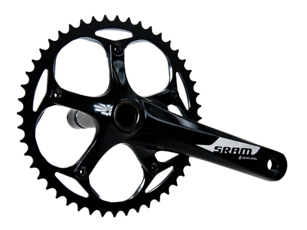 svart SRAM cykelkedjedrev och vevarm, singelklinga, cykeldel