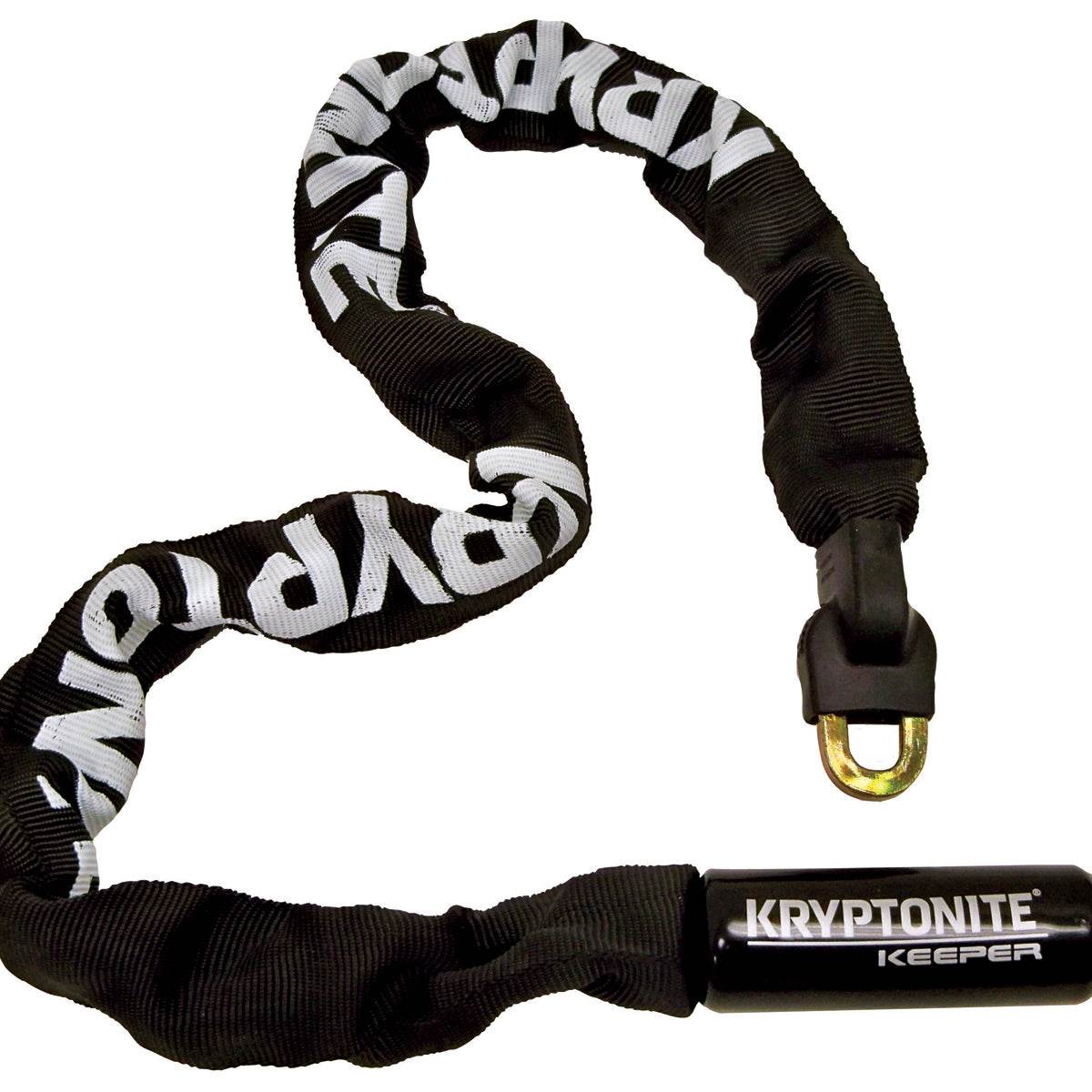 Kryptonite Keeper cykellås med svart kedja och vit logotyp, integrerad låsmekanism
