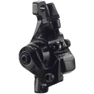 svart Tektro mekanisk skivbroms för cykel med justerskruv och bromsok synliga detaljer