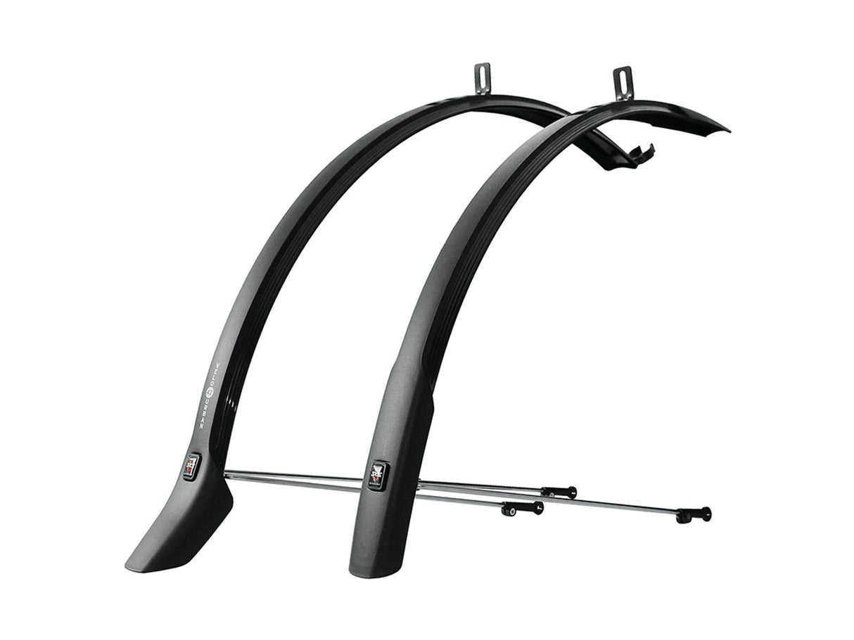 Svarta cykelskydd, framskärm och bakskärm med metallstag, cykeltillbehör