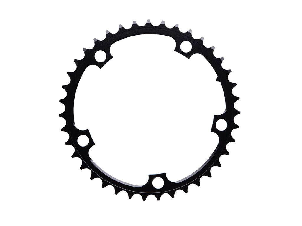 svart cykelkedjedrev med tänder och fem monteringshål