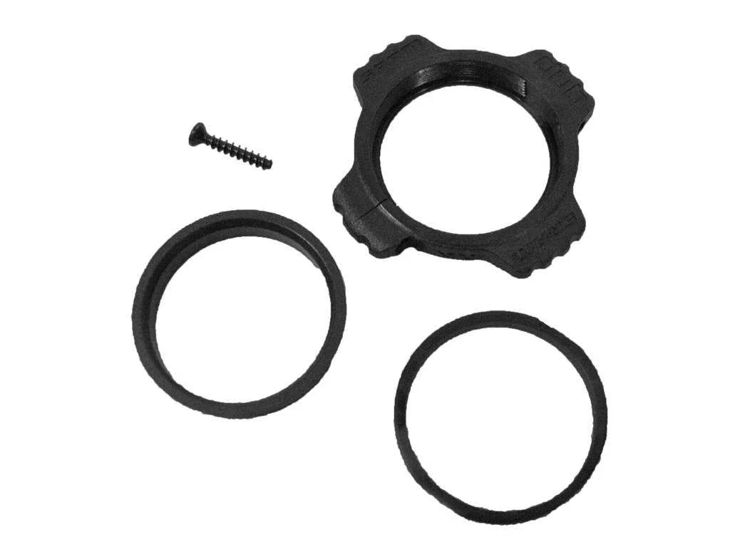 svart plastringsats med skruv, två packningar, reparation cykel reservdelar