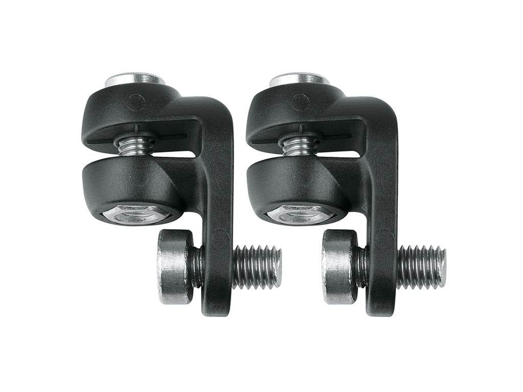 Två svarta fästen med skruv, cykeltillbehör, Shimano bromsklossfäste