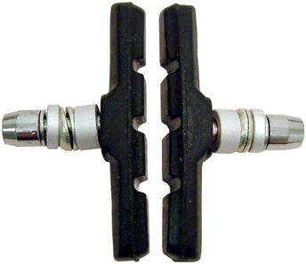 Två svarta cykel bromsklossar i närbild, komponenter för cykelbromsar V-broms