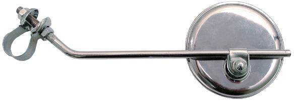 Rund cykelspegel i silvermetall med monteringsfäste och lång stång, cykeltillbehör