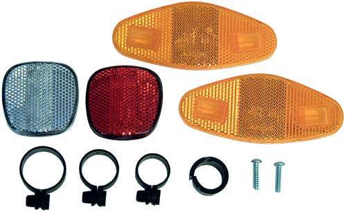 Cykelreflexset med gula, röda och vita reflexer samt fästen och skruvar