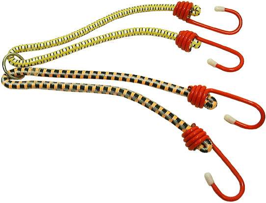 Tre spännband med krok, elastiska bagagestroppar i gult och svart med röda krokar