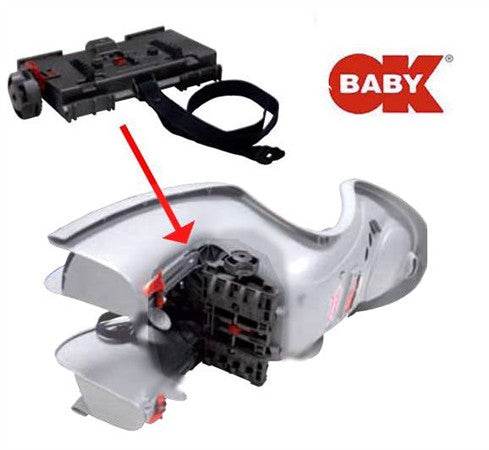 OK Baby cykelsits med monteringsfäste och säkerhetsrem, pil visar installation