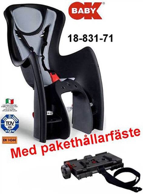 Svart barnsits för cykel med sele, pakethållarfäste, OK Baby modell 18-831-71