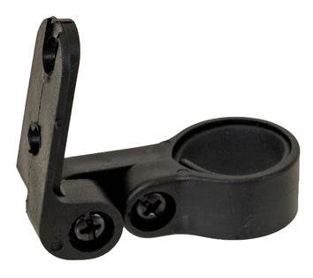 Svart plastfäste med två skruvar och cylindrisk öppning, beslag till rör