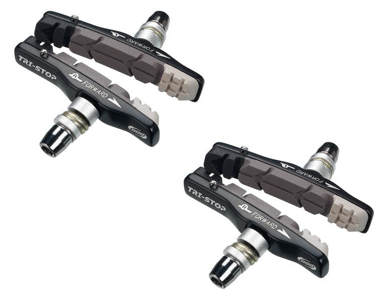 Två svarta cykel bromsklossar TRI-STOP för V-bromsar med metallfästen