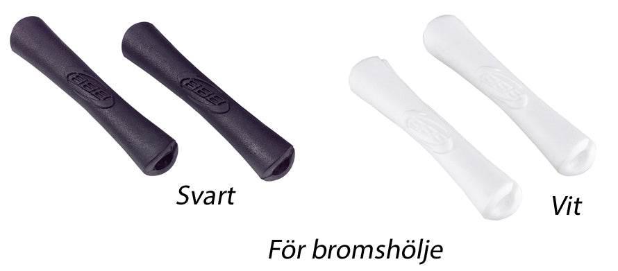 Två svarta och två vita bromshöljeskydd av gummi med texten för bromshölje