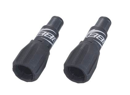 Två svarta cykeljusterskruvar för växel- eller bromsvajer med vit text, reservdelar