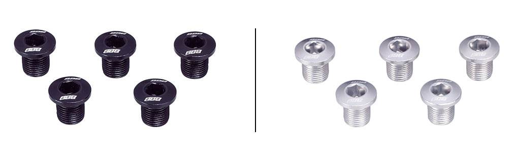 Fem svarta och fem silverfärgade BBB vevpartibultar för cykel, hexagonhuvud