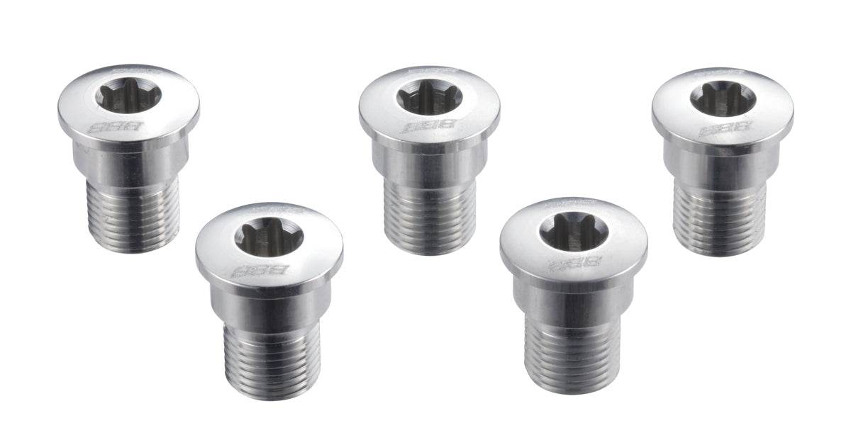 fem silverfärgade vevpartibultar i aluminium med insexhuvud för cykel