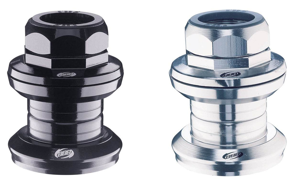 Två BBB styrlager headset till cykel, en svart och en silver, båda i metall