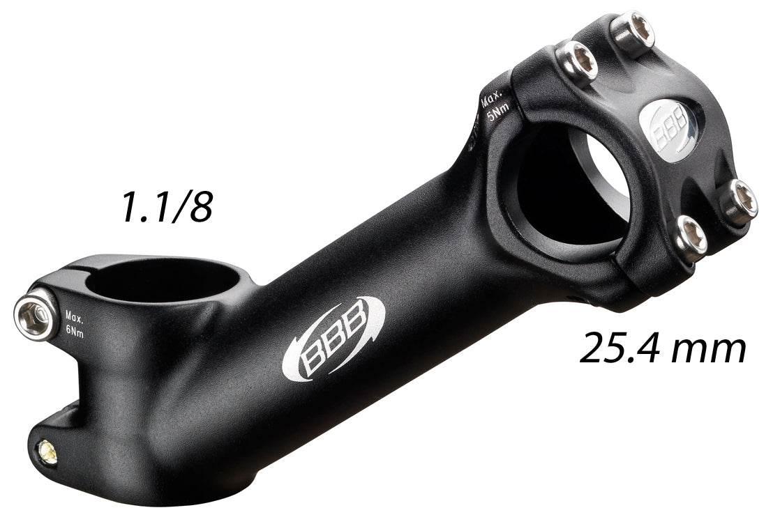 Svart cykelstyrestam i aluminium med BBB-logotyp och måttangivelser 1.1/8 tum och 25.4 mm