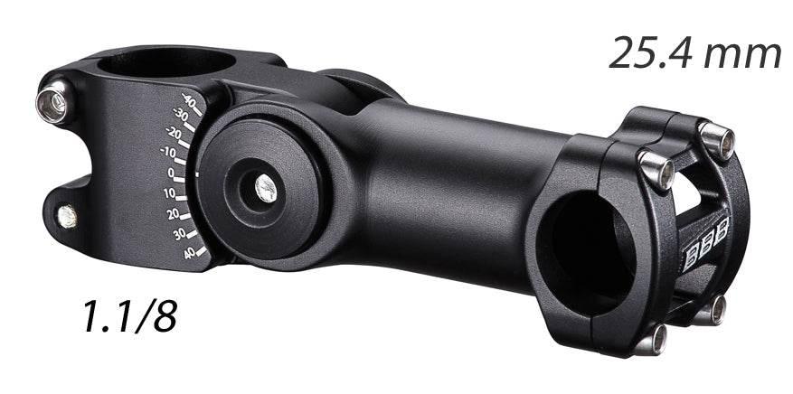 justerbar svart cykelstyrestam i aluminium med måttmarkeringar 25,4 mm och 1 1/8 tum