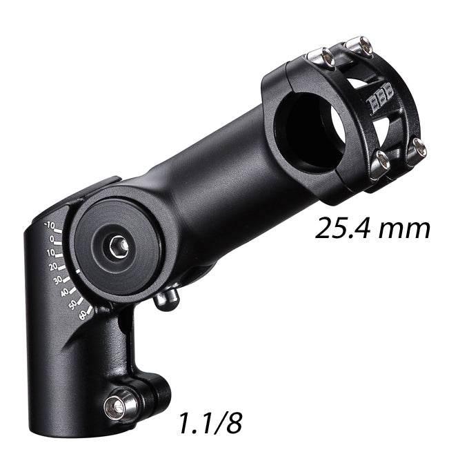 justerbar cykelstyrestam i svart aluminium med 25,4 mm klämma och 1.1/8 tum infästning