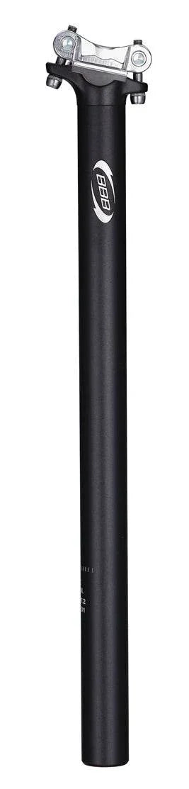Svart cykelstolpe för sadel med BBB-logotyp och fästklämma i metall
