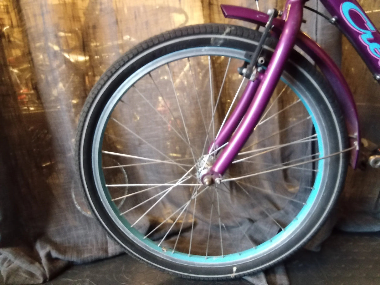 Cykelhjul med turkosa ekrar och purpurfärgad framgaffel, svart däck och broms