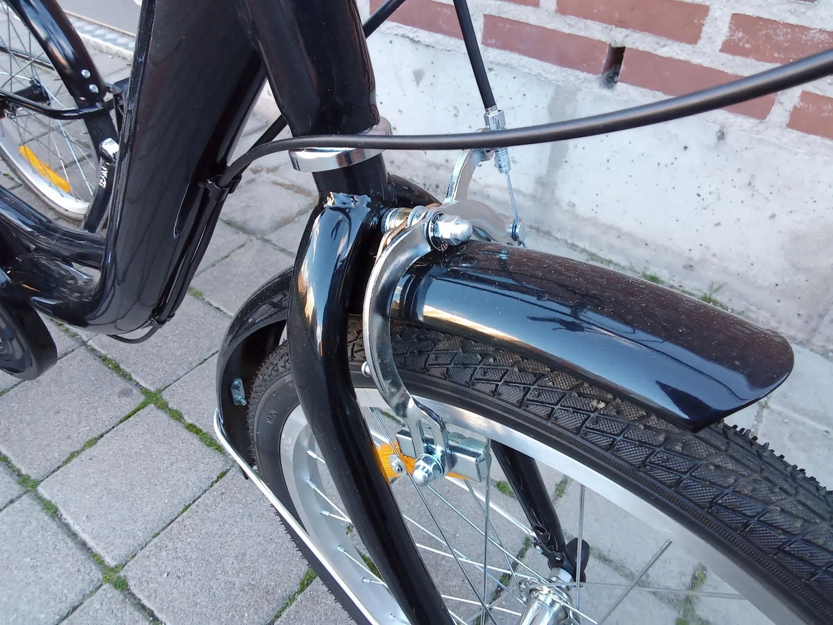 Svart cykel framhjul med skivbroms, däck och lera skärm nära