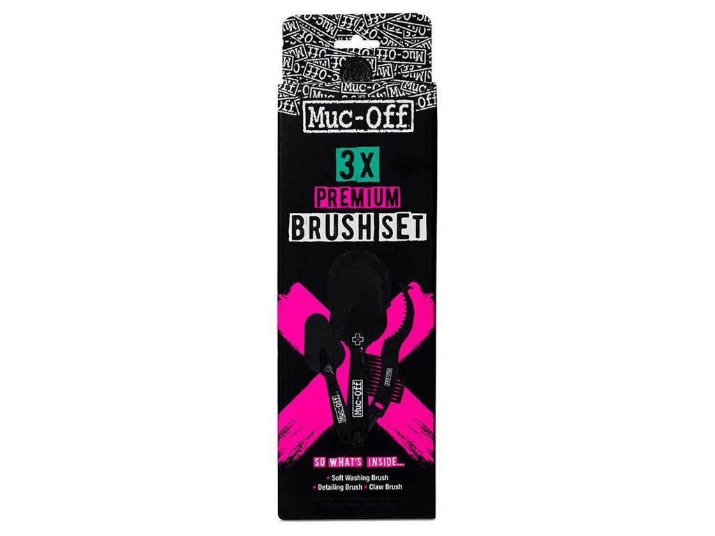 Muc-Off 3X Premium Brush Set med tre cykelborstar i svart och rosa för rengöring och underhåll