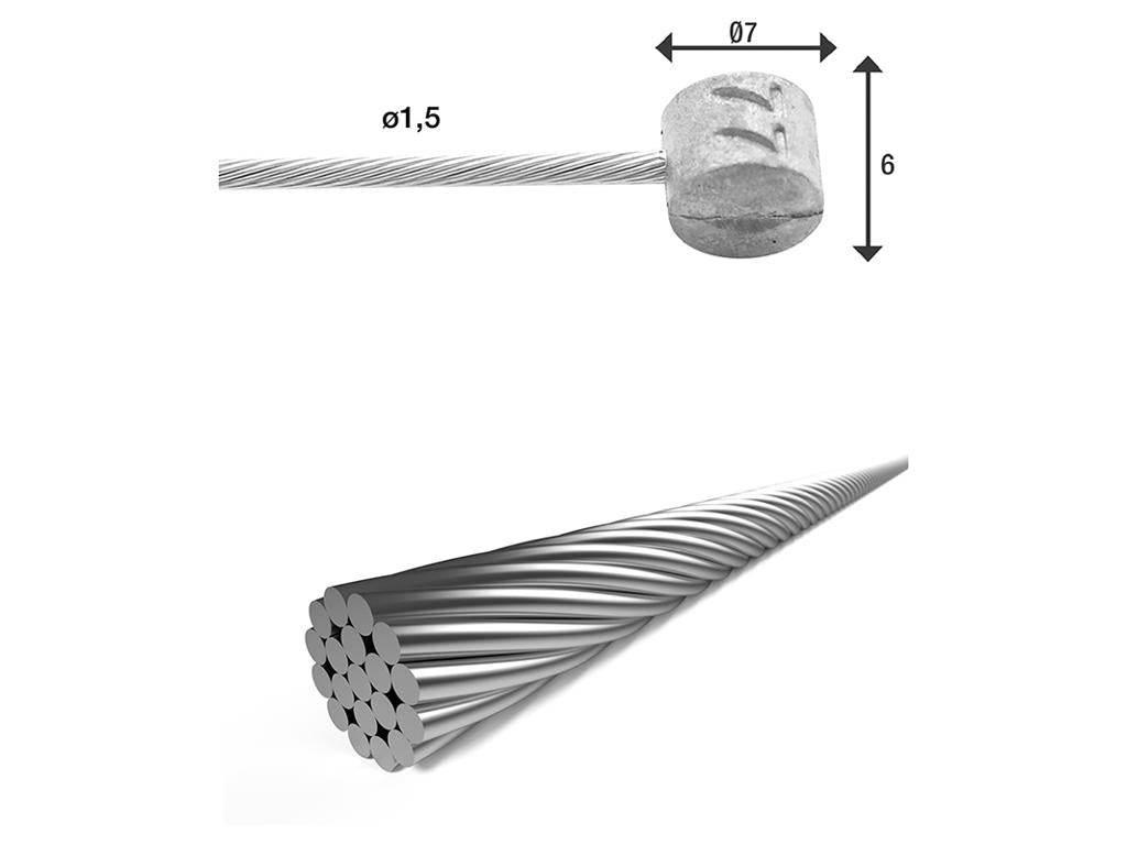 Stålwirar för konstruktion med måtten 1,5 mm diameter, klämma 7 mm bred och 6 mm hög