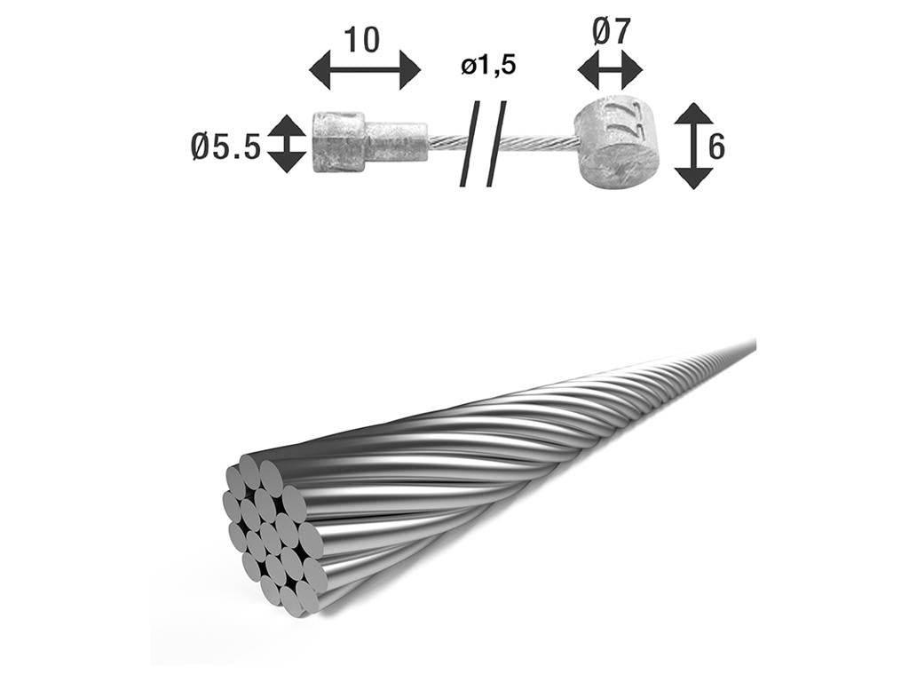 Stålvajer med dimensioner och måttangivelser för ändbeslag, detaljerad teknisk illustration