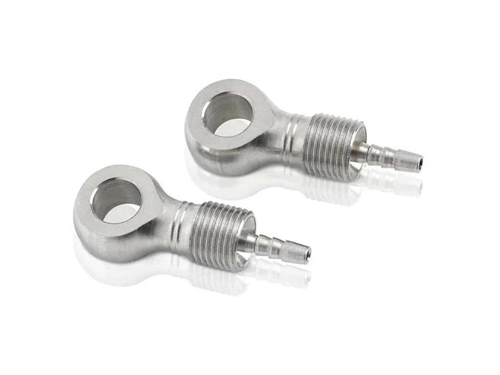 Två metall fittings med gänga och hål för slanganslutning i rostfritt stål