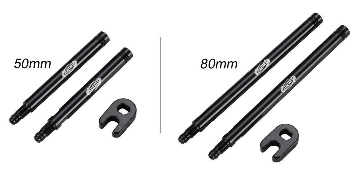 Svarta MTB ventillängdsförlängare 50 mm och 80 mm med nyckel för cykelventil