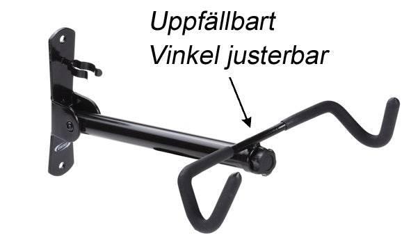 Svart väggmonterad cykelhållare med justerbar vinkel och uppfällbar krok