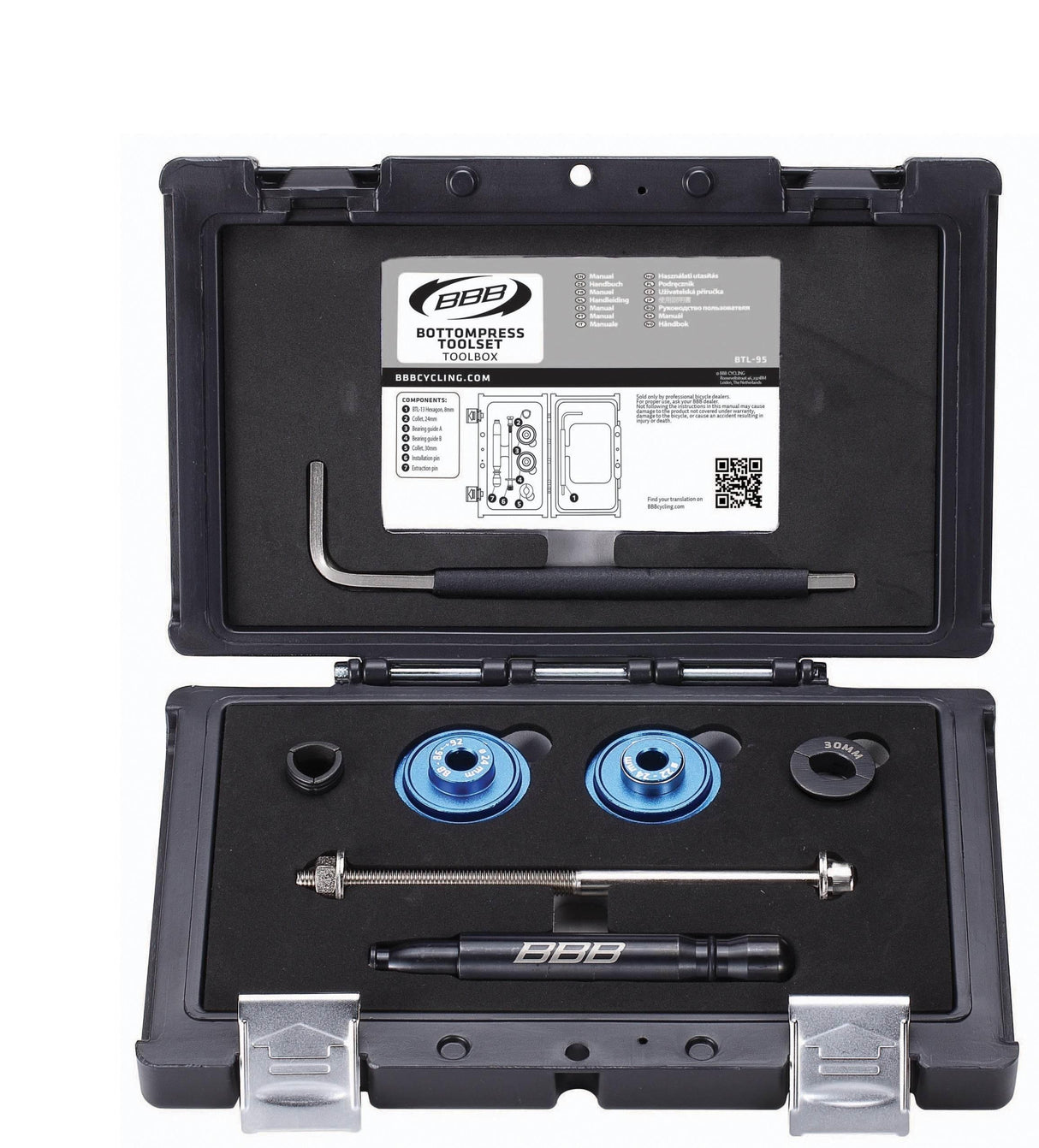 BBB bottenpress verktygssats i plastlåda med nyckel, bultar och aluminiumdelar