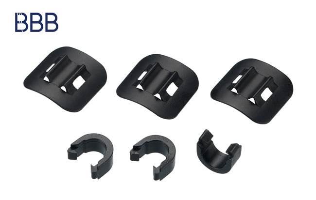 Svarta cykeldelars fästen och clips från BBB för kabelförvaring