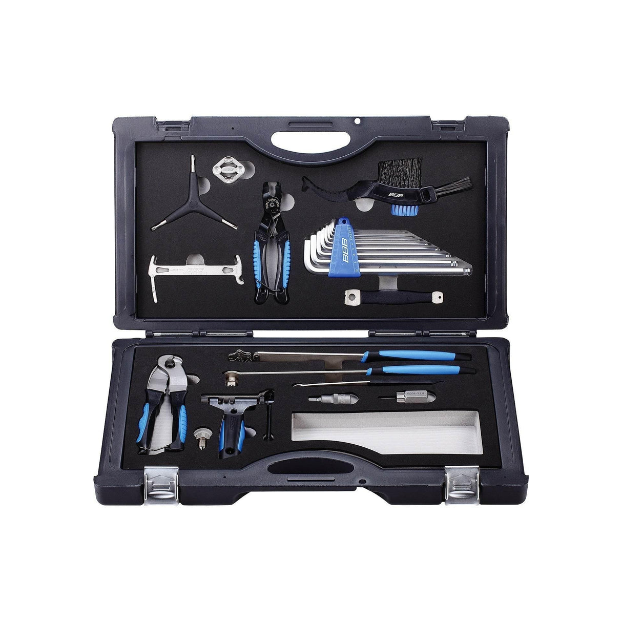 Svart och blått cykelreparationsverktygssats med olika skruvmejslar, nycklar och borstar i bärväska