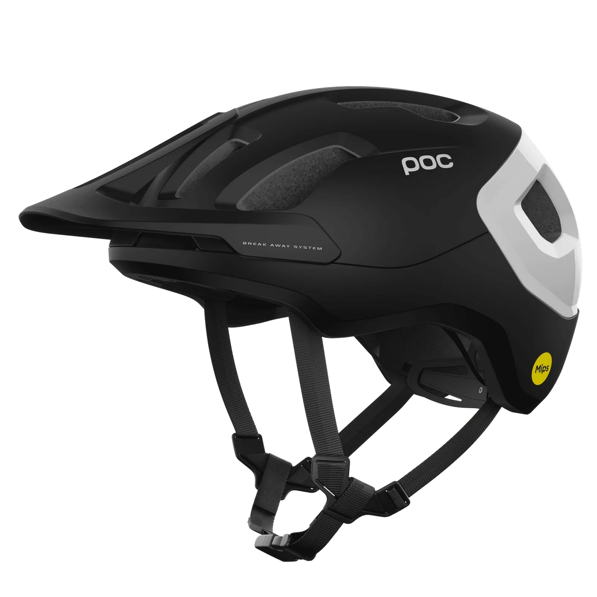Svart POC cykelhjälm med vitt bakre skydd, ventilationsöppningar och Mips-teknik