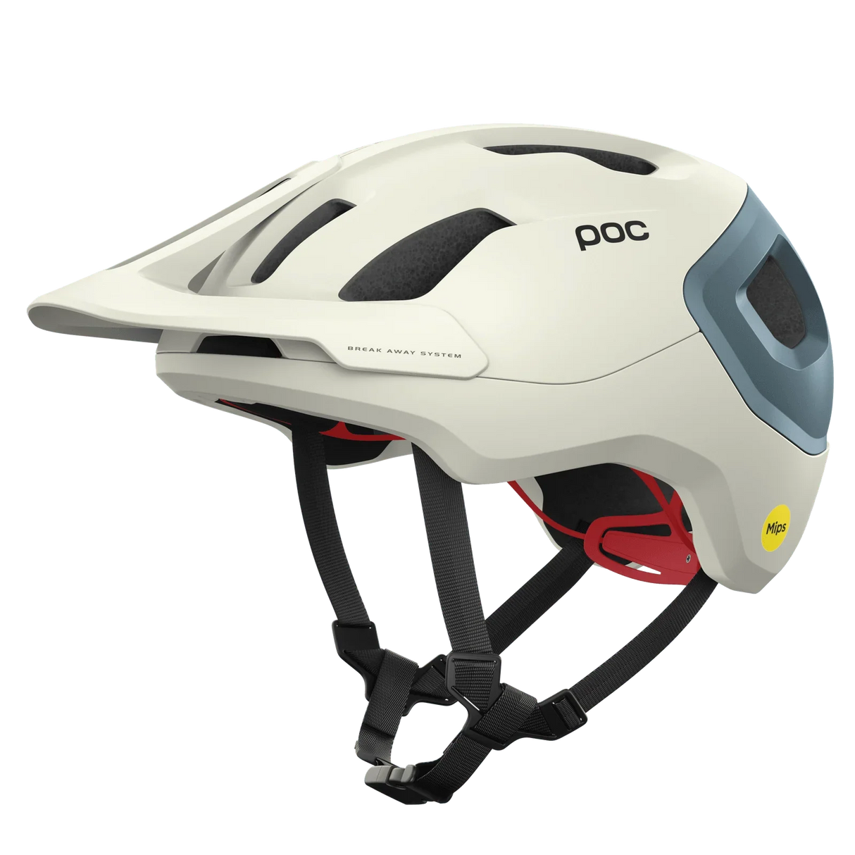 Vit POC cykelhjälm med ventilationsöppningar, svart hakband och Mips-märkt skyddssystem