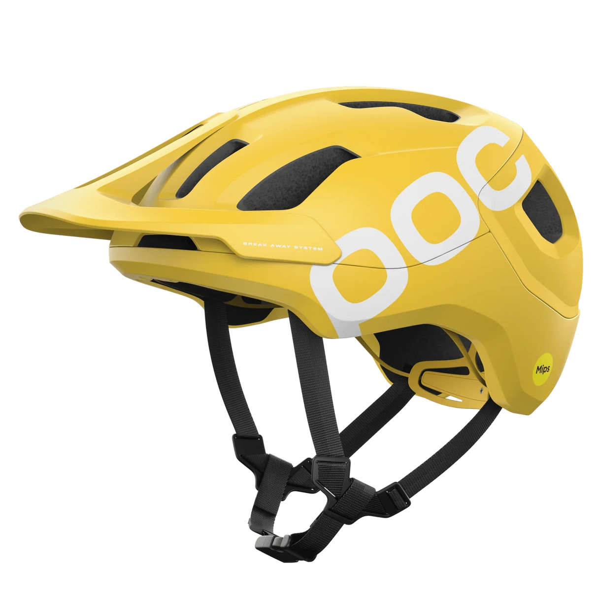 Gul POC cykelhjälm med ventilationsöppningar och svart hakrem