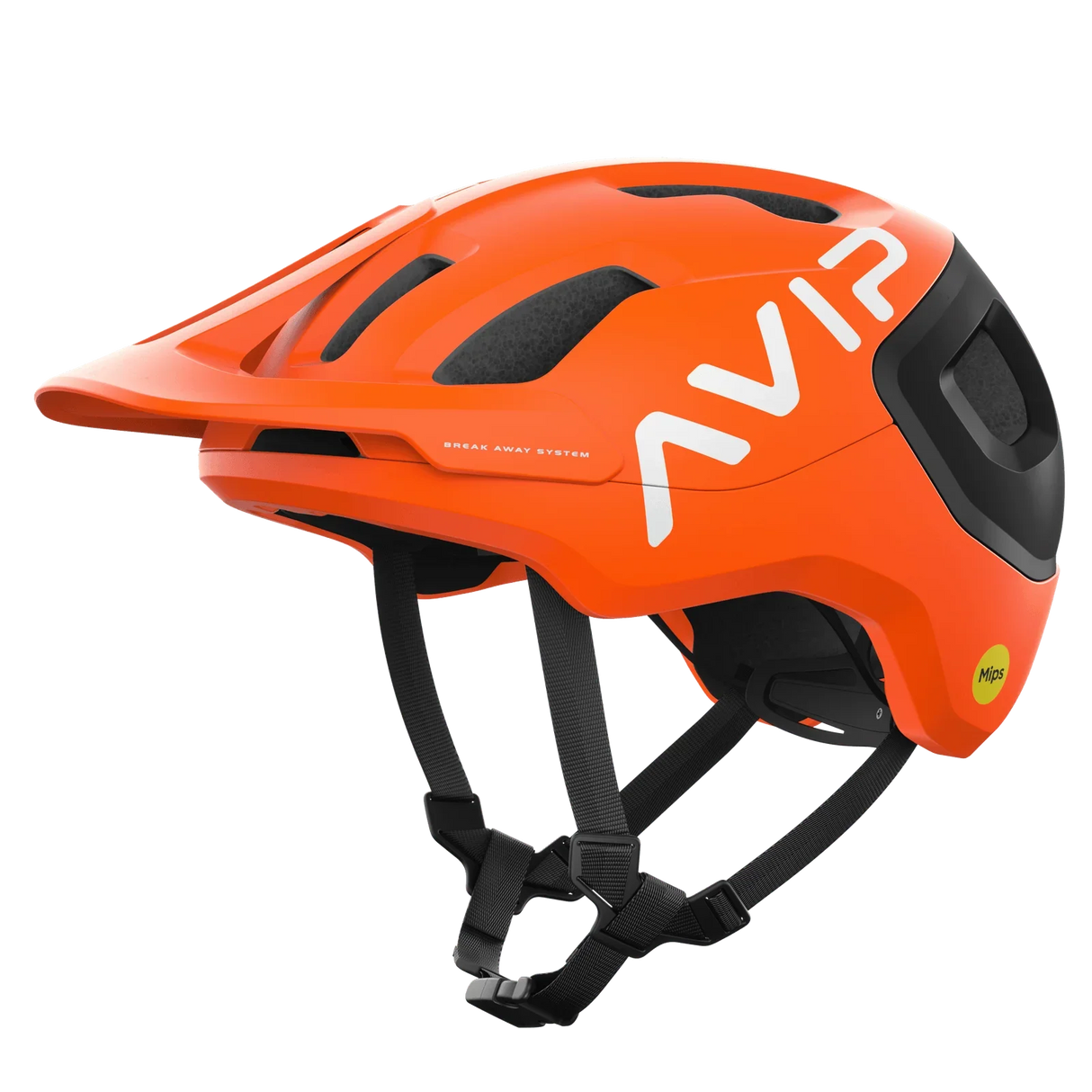 Orange AVIP cykelhjälm med ventilationsöppningar, svart hakband och MIPS-skydd