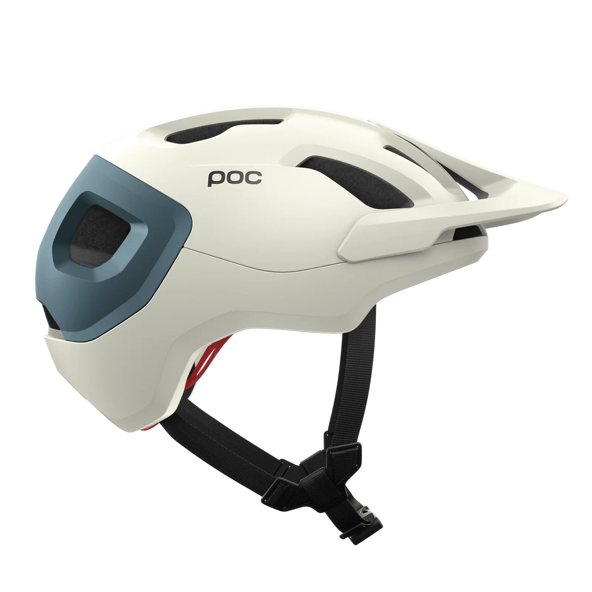 Vit POC cykelhjälm med blå detaljer och svart justerbart hakband