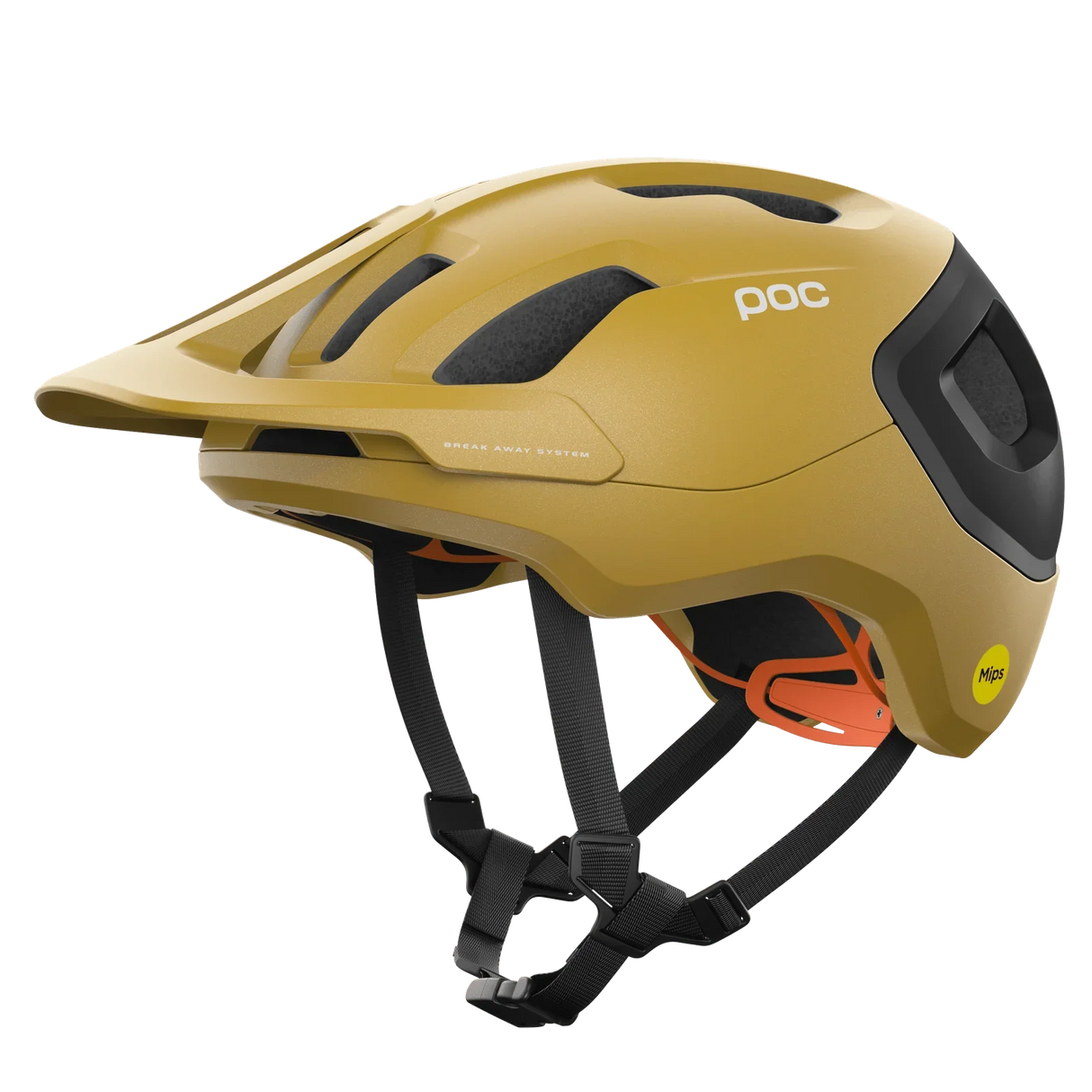 gul POC cykelhjälm med ventilationsöppningar, svart hakband och Mips-skydd