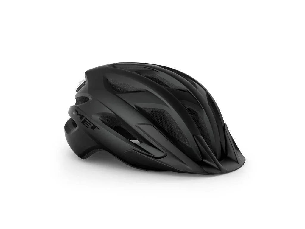 Svart cykelhjälm med flera ventilationsöppningar och MET-logotyp