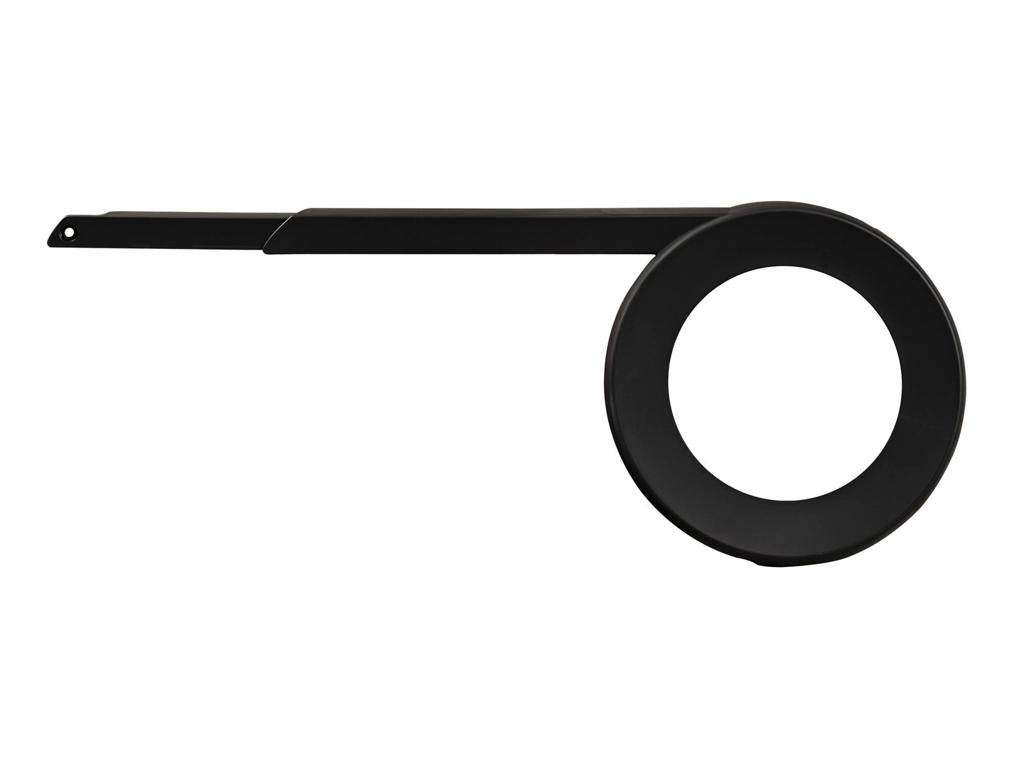 Svart kedjeskydd i plast för cykel med lång arm och cirkulärt kåpskydd