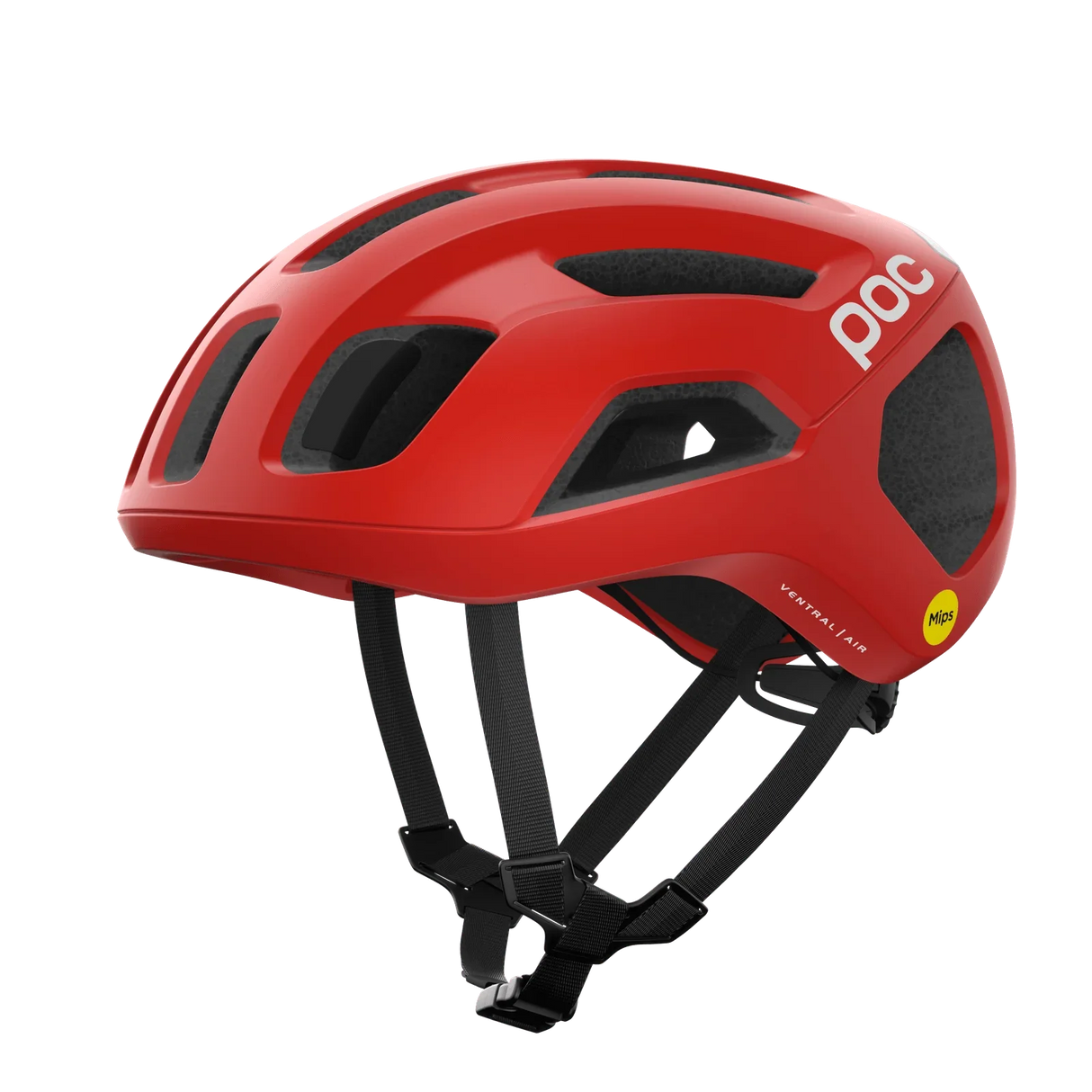 Röd POC cykelhjälm med ventilation och svart hakrem, Mips-skydd