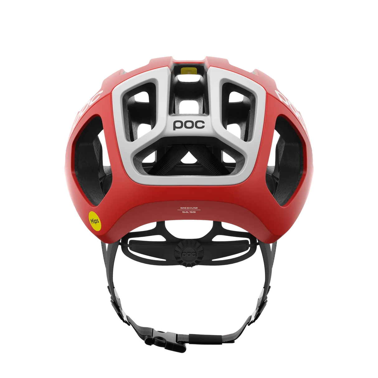 Röd och vit POC cykelhjälm med ventilationsöppningar och Mips-skydd