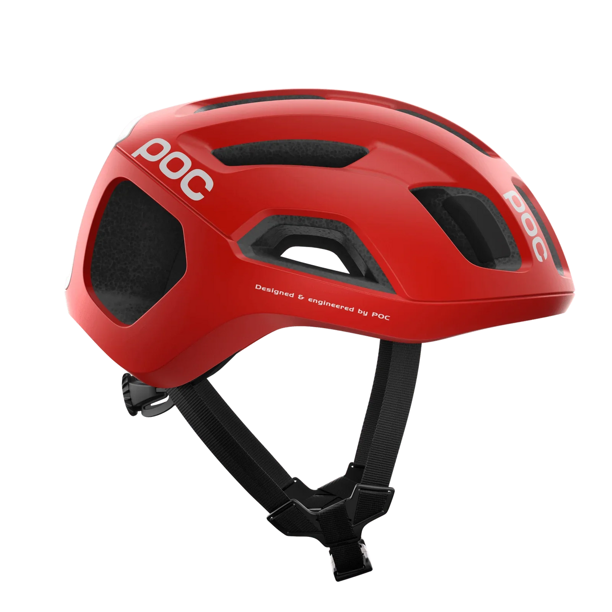 Röd cykelhjälm POC med svart justerbart hakband och ventilationsöppningar