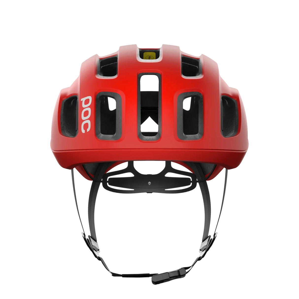 Rött cykelhjälm med ventiler och justerbart hakband från POC
