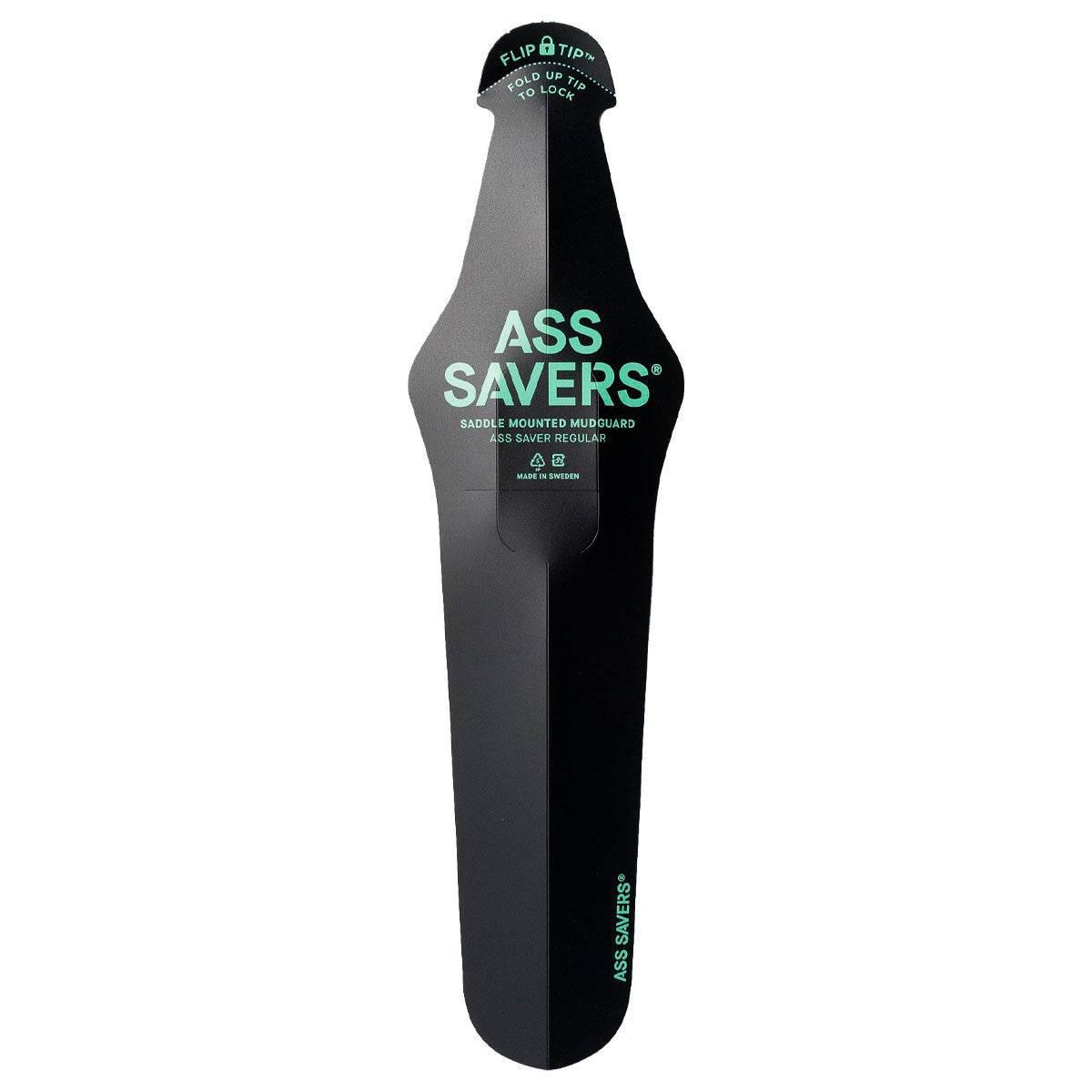 Svart cykelskärmsförlängare Ass Savers med tryck och vikbar topp, sadelmonterad stänkskärm