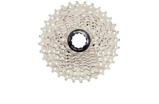 Cykelkassett i metall med flera kuggar och svart mittdel, SunRace 9-delad
