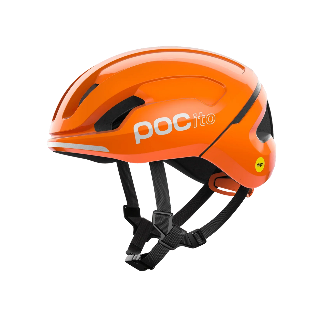 Oranget POCito cykelhjälm med MIPS skydd och svart hakrem